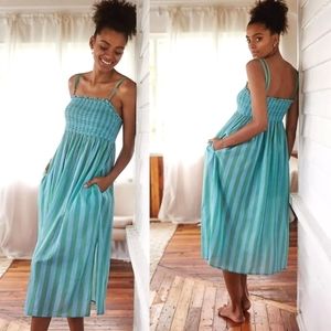 ANTHRPOLOGIE Smocked Vertical Stripe Midi Dress / Blue + Green